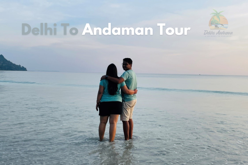 couple from Delhi who visited Andaman standing in the blue shoreline Radhanagar beach