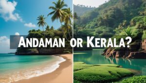 Here is an AI generated image showing the two different landscapes one to the right is of Andaman islands and other to the right is Kerala