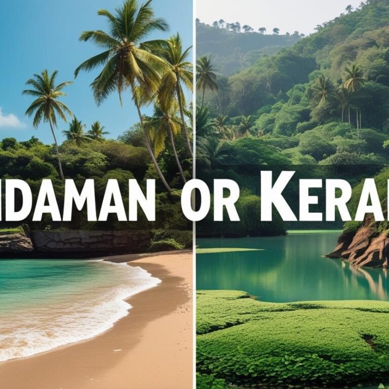 Here is an AI generated image showing the two different landscapes one to the right is of Andaman islands and other to the right is Kerala