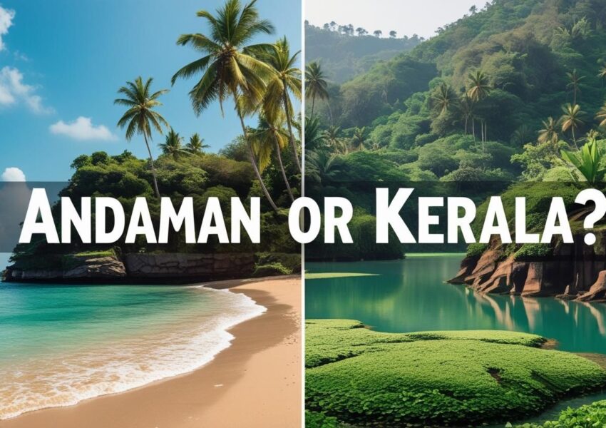 Here is an AI generated image showing the two different landscapes one to the right is of Andaman islands and other to the right is Kerala
