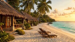 Beachfront resort cottages on a white sand Havelock beach at golden hour, Andaman Islands