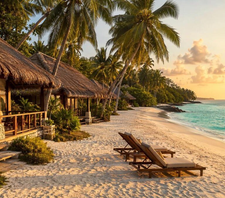 Beachfront resort cottages on a white sand Havelock beach at golden hour, Andaman Islands