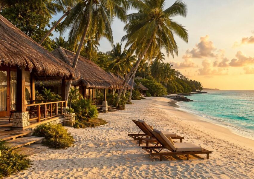 Beachfront resort cottages on a white sand Havelock beach at golden hour, Andaman Islands