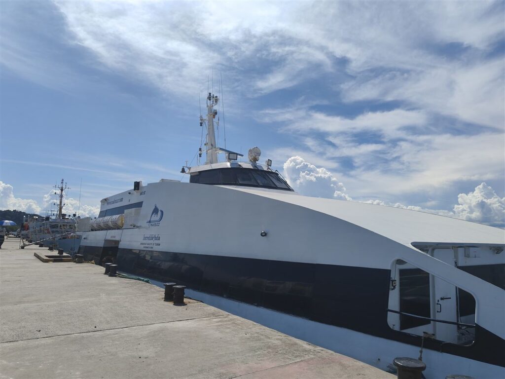 Makruzz ferry docked at the jetty, the vessel operating the new Port Blair to Baratang to Havelock route