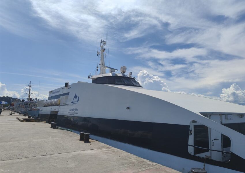 Makruzz ferry docked at the jetty, the vessel operating the new Port Blair to Baratang to Havelock route